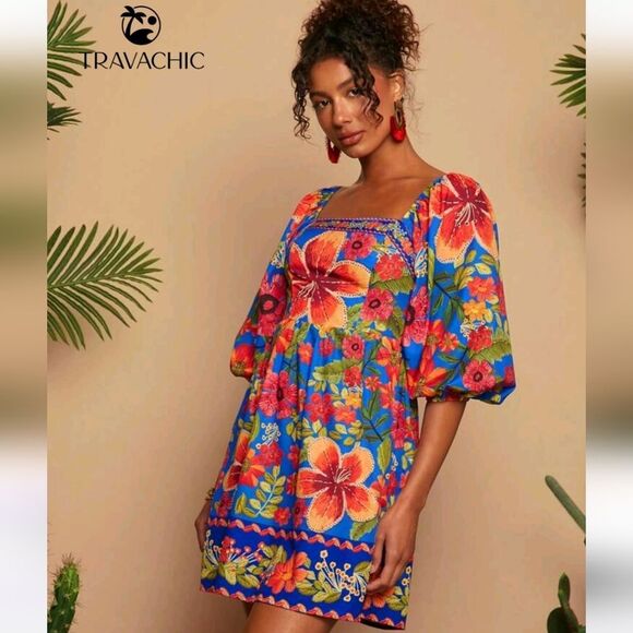 Floral Blue Dress with Red and Orange Accents - Picture 2 of 10